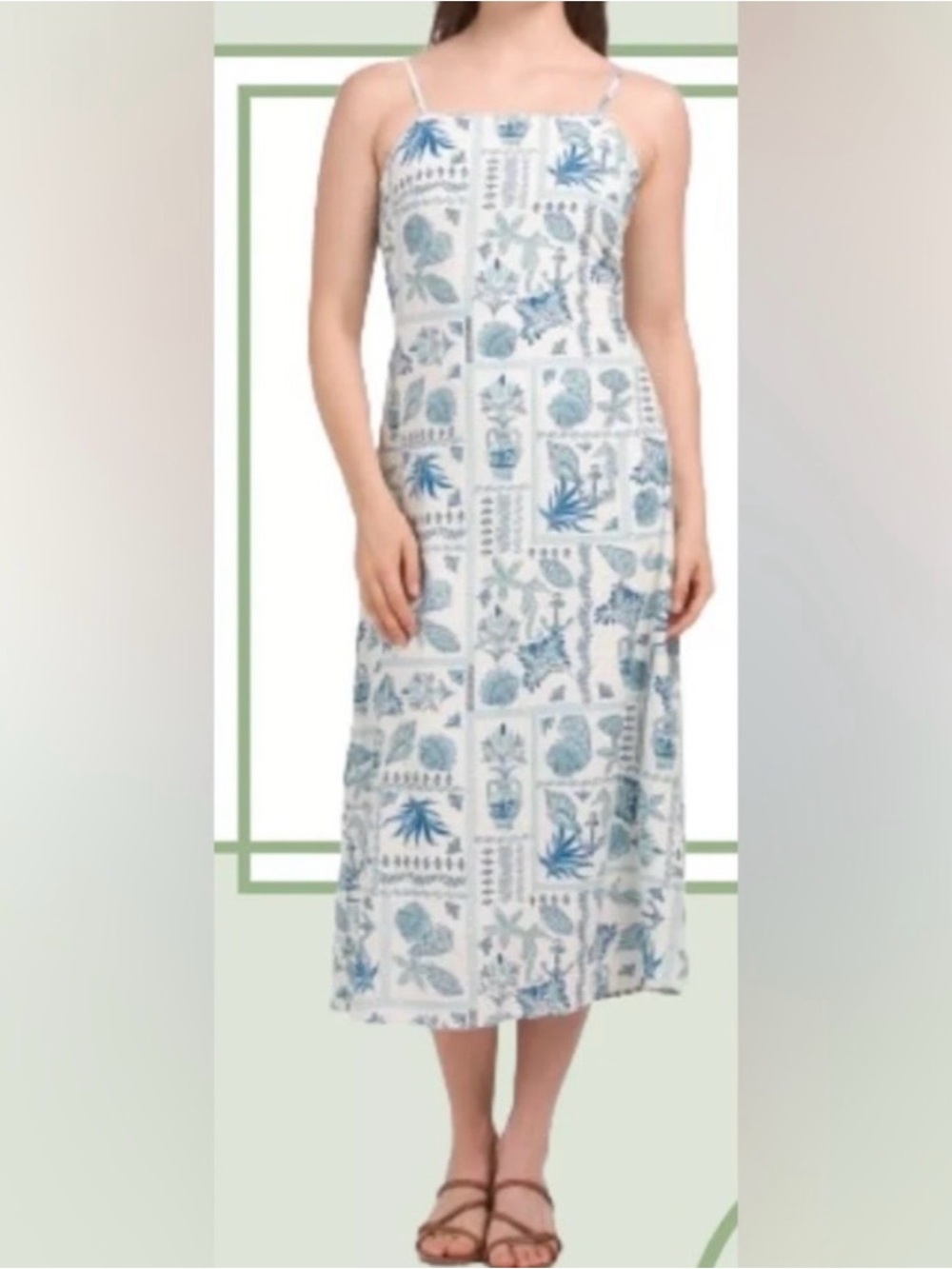 Japna White Midi Dress with Blue Botanical Tiles